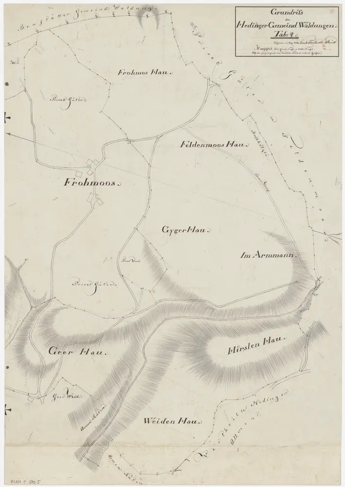 Hedingen: Gemeinde- und Genossenschaftswaldungen: Gemeindewaldungen Fromoos, Gerhau, Widenhau, Feldenmashau, Gigerhau, Arma (Im Armmann), Hirslenhau; Grundriss (Tab. 2)