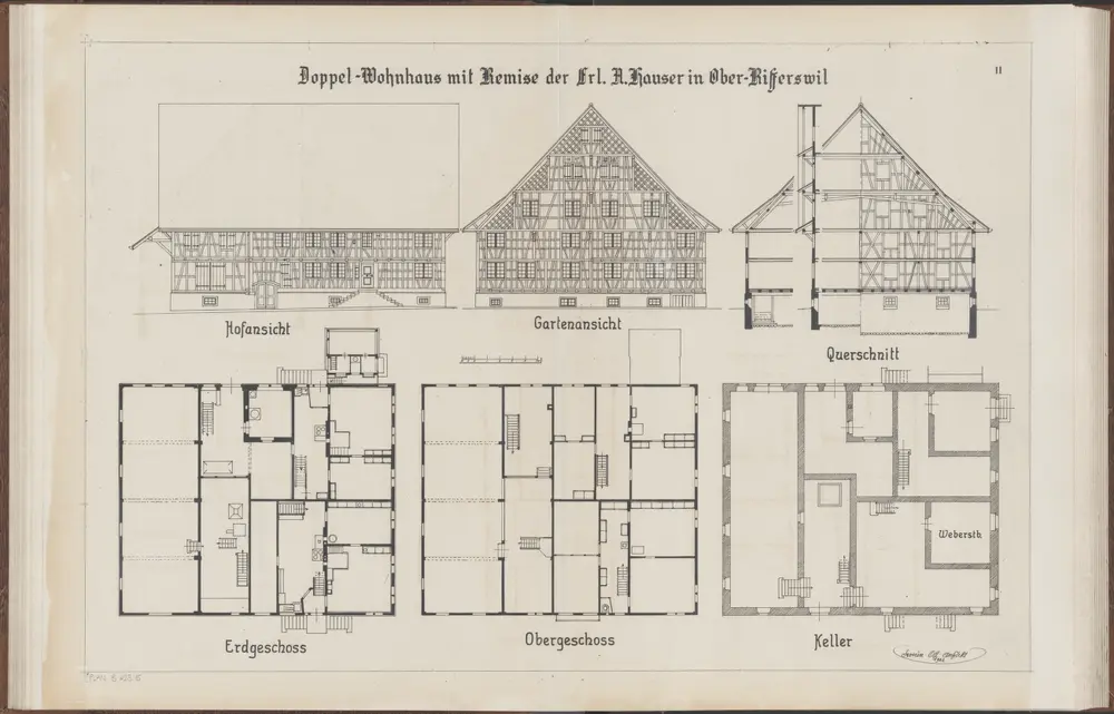 Das Bauernhaus im Kanton Zürich: Rifferswil: Doppelwohnhaus mit Remise von Fräulein A. Hauser in Oberrifferswil; Ansichten, Grundrisse und Querschnitt (Nr. 11)