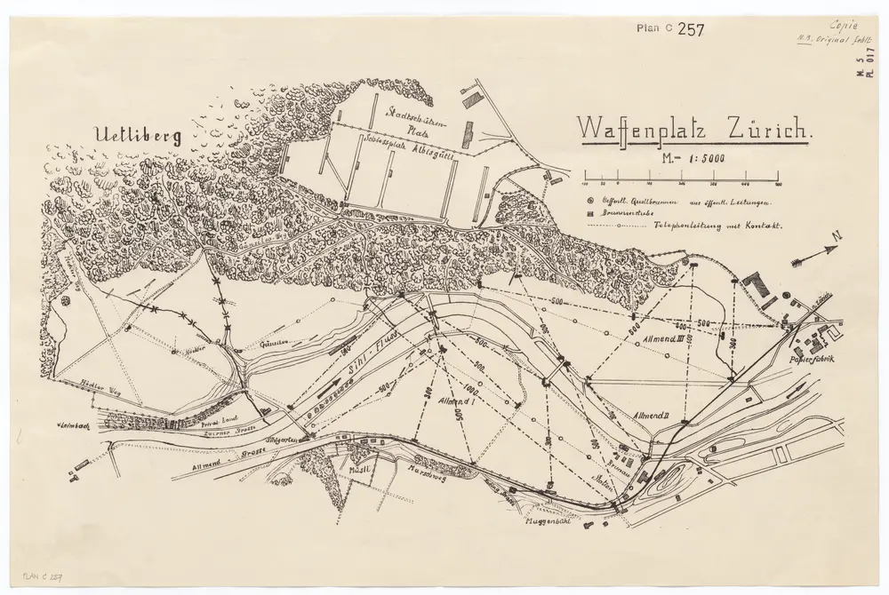 Situationsplan des Waffenplatzes Zürich mit Brunnen und Telefonleitungen