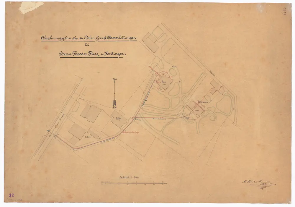 Wohnhaus Zum Freudenberg von Theodor Fierz, Zürichbergstrasse 6: Situationsplan mit Dolen, Gas- und Wasserleitungen; Grundriss