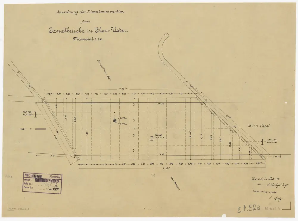 Uster: Brücke über den Mühlekanal von Messikomer und Huber in Ober-Uster: Anordnung der Eisenkonstruktion; Grundriss