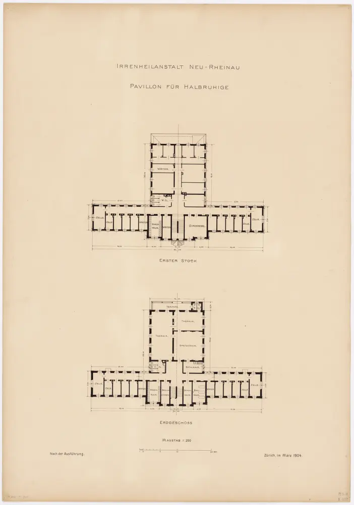 Pflegeanstalt Neu-Rheinau: Gebäude für Halbruhige, Erdgeschoss und 1. Stock; Grundrisse