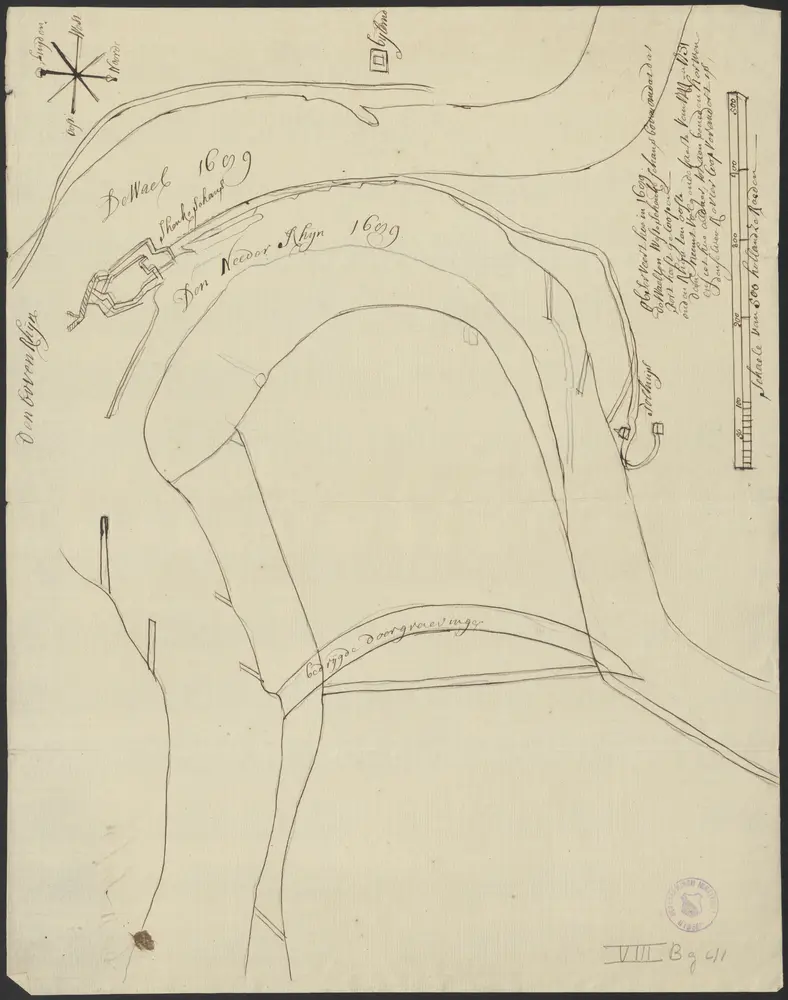 [Manuscript map of the river situation near Schenkenschans and Bijlandsche Waard]