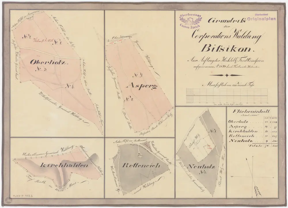 Illnau-Effretikon (damals Illnau): Gemeinde- und Genossenschaftswaldungen Bisikon, Oberillnau und Unterillnau: Genossenschaftswaldung Bisikon mit Oberholz, Asperg, Chirchhalden (Kirchhalden), Retteneich, Neuholz; Grundrisse