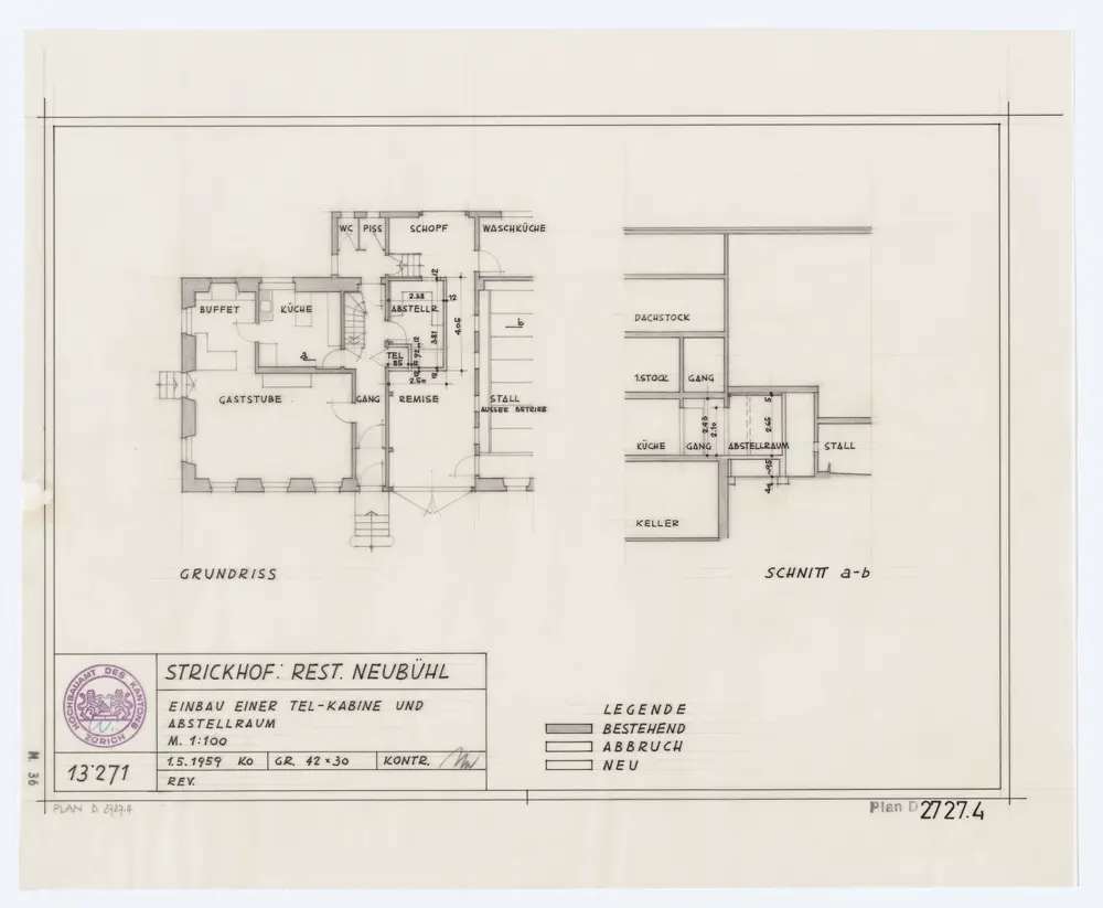 Restaurant Neubühl: Ansichten, Grundrisse und Schnitte: Einbau einer Telefonkabine und eins Abstellraums; Grundriss und Schnitt