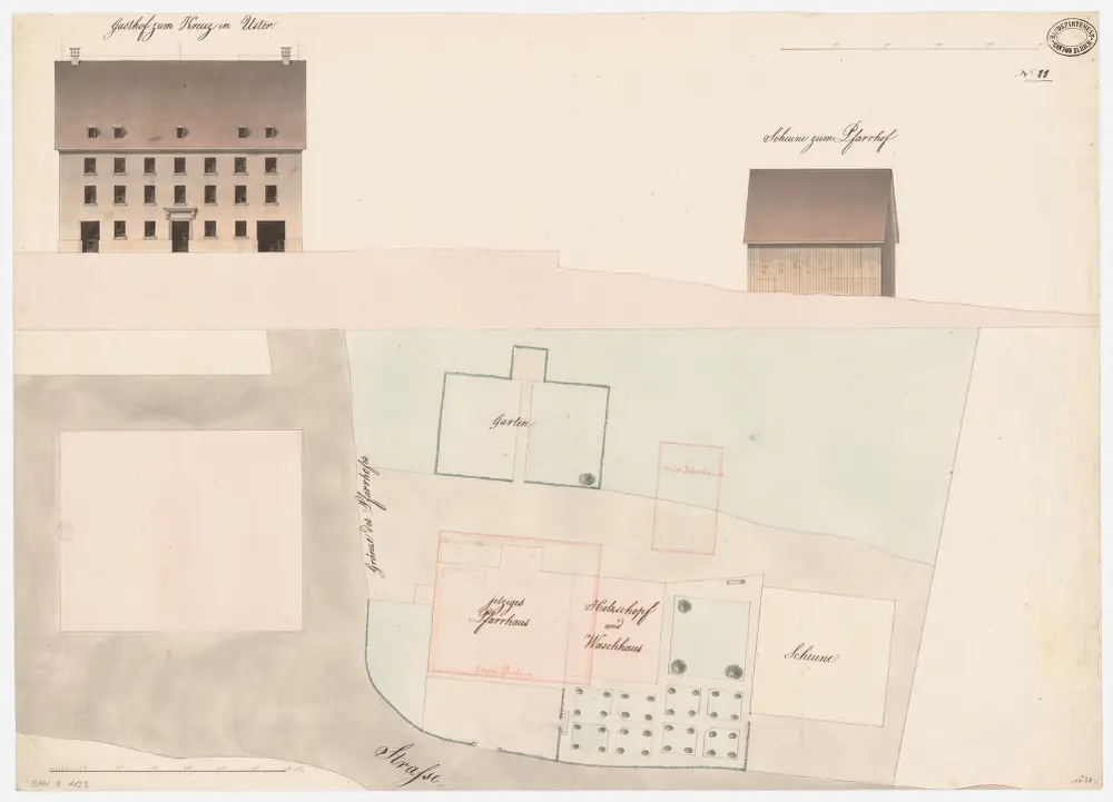 Uster: Wirtshaus zum Kreuz und Scheune sowie jetziges und projektiertes Pfarrhaus und Waschhaus (Variante 1); Grundriss und Ansicht (Nr. 10)