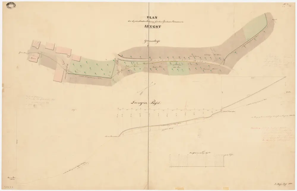 Aeugst am Albis: Pfarrhausbrunnen, abzuändernde Leitung; Grundriss und Längsprofil (Nr. 3)