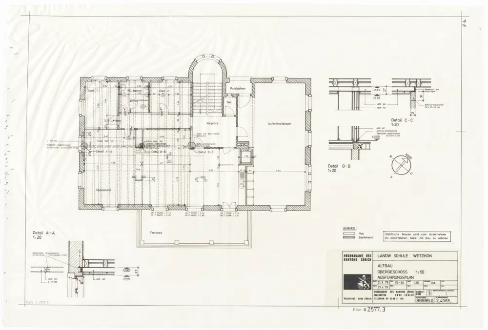 Wetzikon: Landwirtschaftliche Schule Oberland, Altbau: Obergeschoss; Grundriss und Schnitte