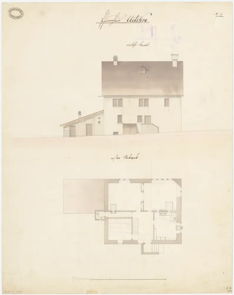 Uetikon am See: Pfarrhaus; Grundriss des 1. Stocks und Nordansicht (Nr. 3)