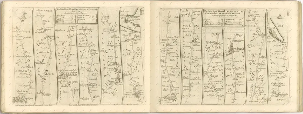 mapa z atlasu "The Roads through England delineated or, Ogilby ́s Survey, Revised, Improved, and Reduced to a Size portable for the Pocket By John Senex F, R, S. Being an Actual Survey of all the Principal Roads of England, And Wales, Distinctly laid down on one hundred "