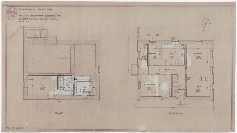 Bäretswil: Pfarrhaus: Keller und Erdgeschoss; Grundrisse