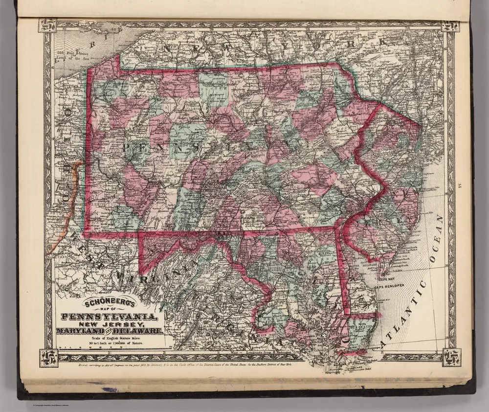 Schonberg's Map of Pennsylvania, New Jersey, Maryland and Delaware.