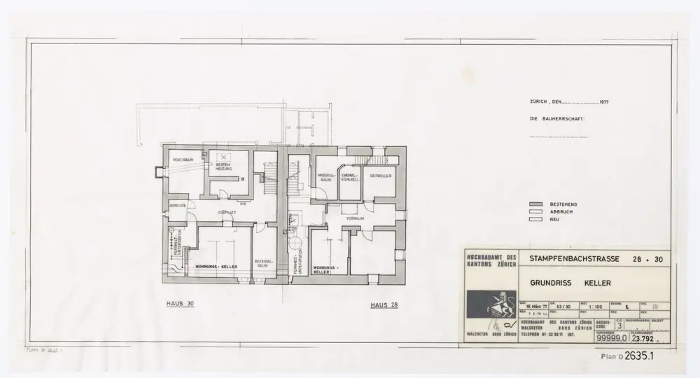 Haus Stampfenbachstrasse 28 und 30: Grundrisse: Keller; Grundriss