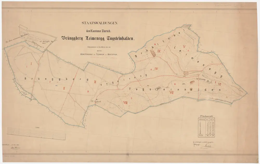 Kyburg, Töss, Illnau-Effretikon (damals Illnau), Schlatt: Staatswaldung: Kyburg: Brünggberg, Leimenegg, Tutschgenhalden (Tugsteinhalden), Brühltobel, Vogelsang, Schlosswald; Grundriss