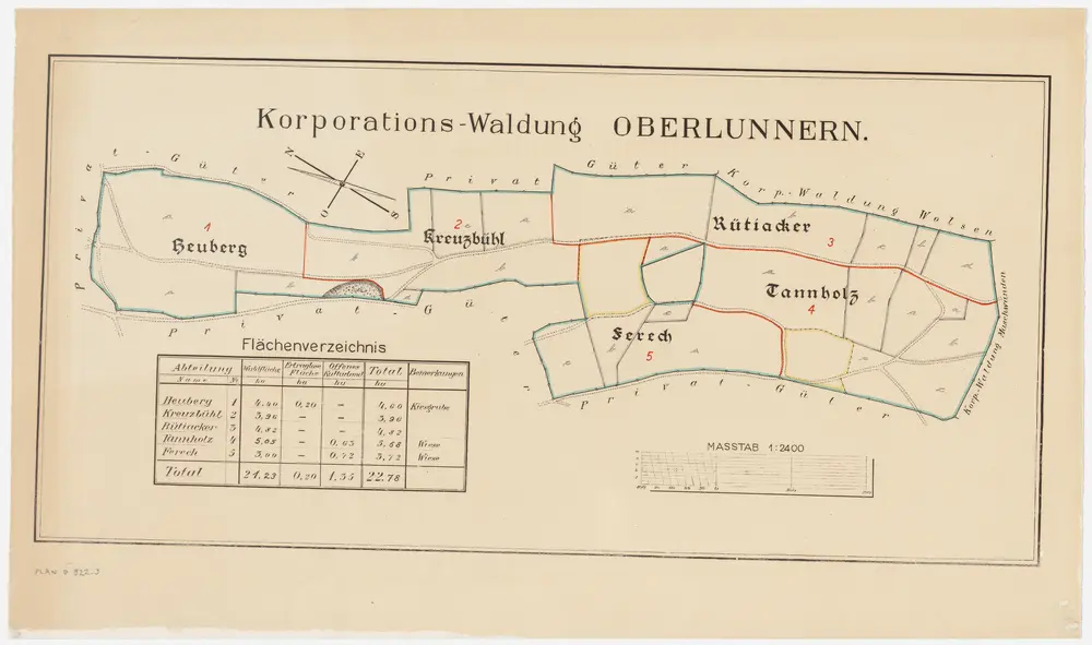 Obfelden: Genossenschaftswaldung Oberlunnern: Tannholz, Heuberg, Färech (Ferech), Chrüzbüel (Kreuzbühl), Rütiacker; Grundriss