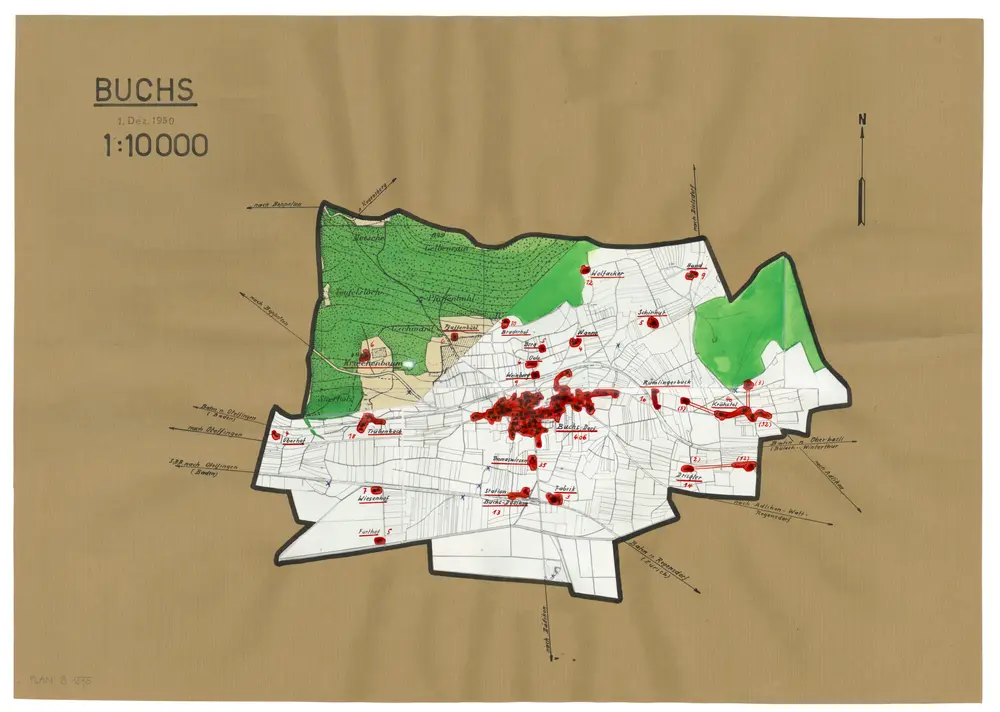 Buchs: Definition der Siedlungen für die eidgenössische Volkszählung am 01.12.1950; Siedlungskarte