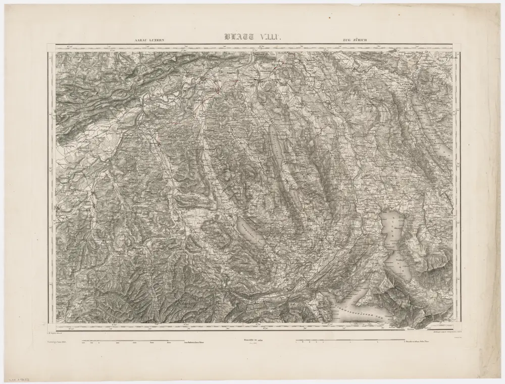 Topographische Karte der Schweiz (Dufour-Karte): Den Kanton Zürich betreffende Blätter: Blatt VIII: Aarau, Luzern, Zug, Zürich