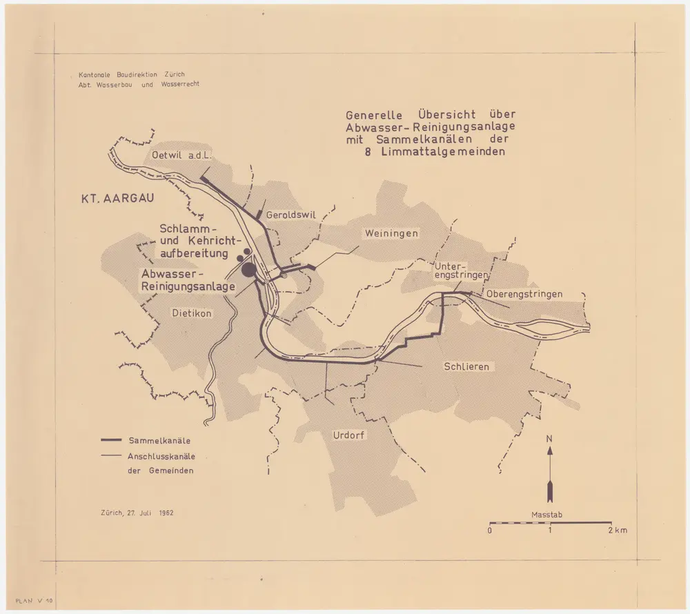 Gemeinden im Limmattal: Abwasserreinigungsanlage Limmattal mit Sammelkanälen; Übersichtsplan