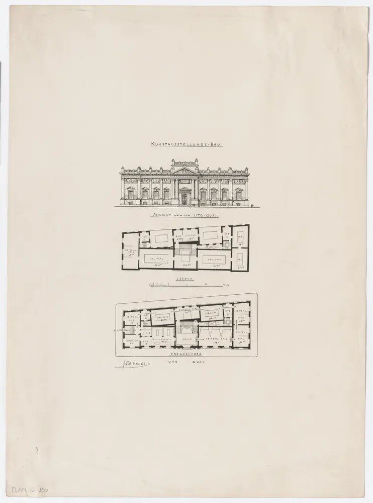 Kunstmuseum am Utoquai: Ansicht gegen den Utoquai und Grundrisse (Erdgeschoss und 1. Stock)