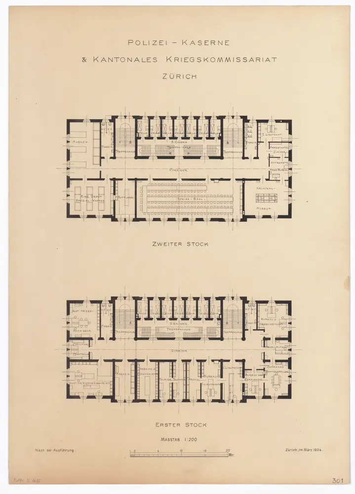 Polizeikaserne und kantonales Kriegskommissariat: 1. und 2. Stock; Grundrisse