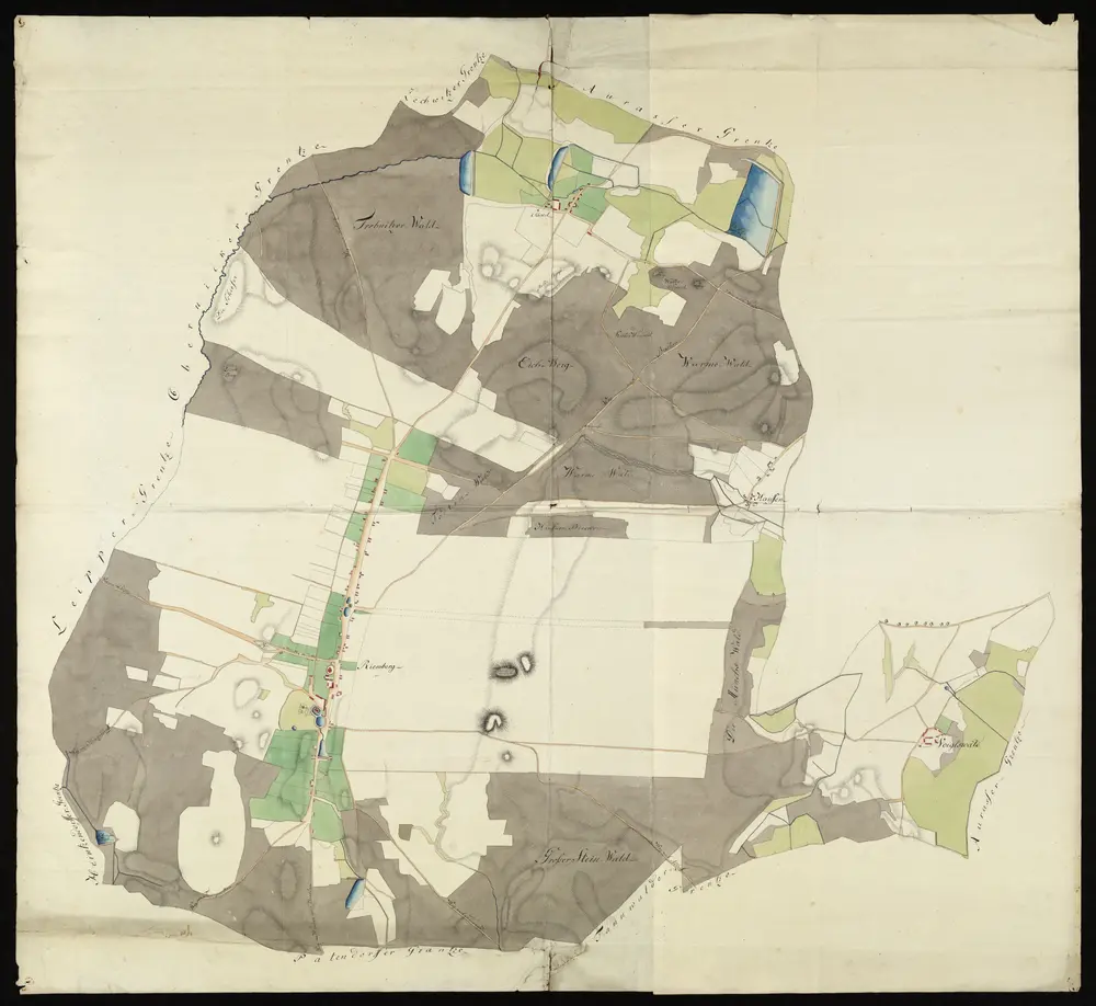 HZAN GA 100_Nr. 720_ : Riemberg (Hohenlohescher Besitz); [ohne Titel; Markungs- und Flurkarte];ohne Verfasser;ohne Maßstab;111 x 102 cm;Kartenrand: Trebnitzscher Wald-Gäckel; Wermewald-Haußen; Leipper und Obernicker Grenze; Großer Steinwald;Papier; Wasserfarben und Schraffen; Siedlungen in Plandarstellung; Flureinteilung in Wasserfarben.