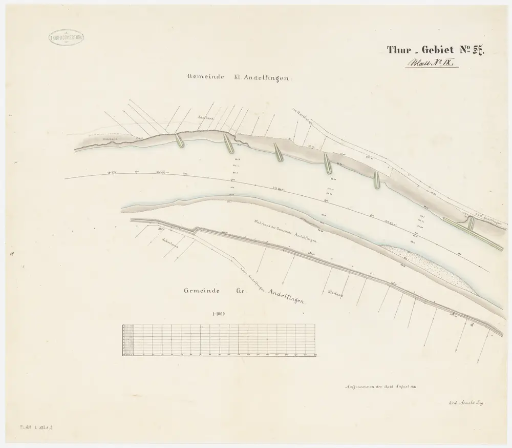 Andelfingen (damals Grossandelfingen), Kleinandelfingen, Flaach: Thur von oberhalb der Andelfinger Eisenbahnbrücke bis zur Einmündung in den Rhein, Thurkorrektion: Blatt IX: Andelfingen (damals Grossandelfingen), Kleinandelfingen: Thurkorrektion; Situationsplan (Thur-Gebiet Nr. 57)