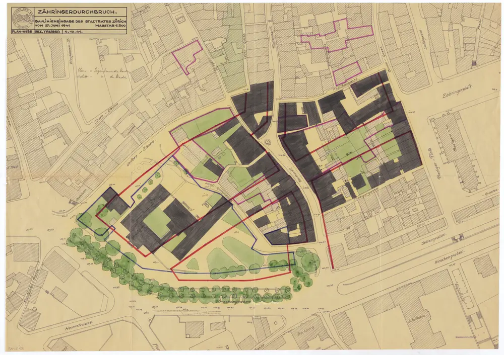 Situationsplan des projektierten Zähringerdurchbruchs nach der Baulinieneingabe des Stadtrates Zürich vom 27.06.1941