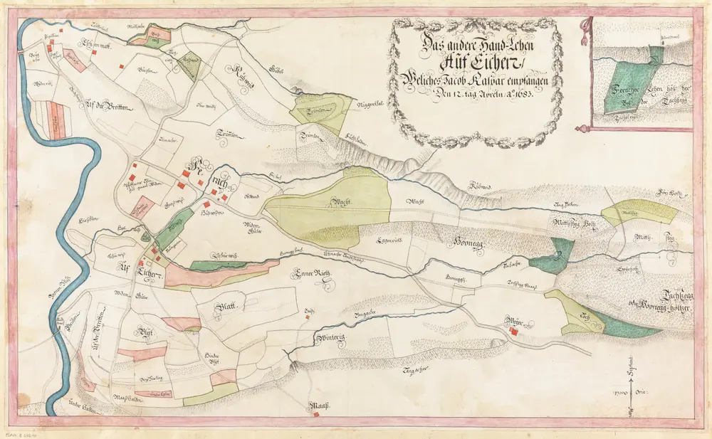 Rüti, Dürnten, Bubikon, Wald, Goldingen SG: Grundriss und Beschreibung der Güter, Waldungen und Handlehen des Amts Rüti sowie der beiden Alpen Scheidegg und Boalp (ältere Schreibweise: Poo-Alp), Band I: Seite 78: Zweites Lehen zu Eichen bei Ferrach; Grundriss