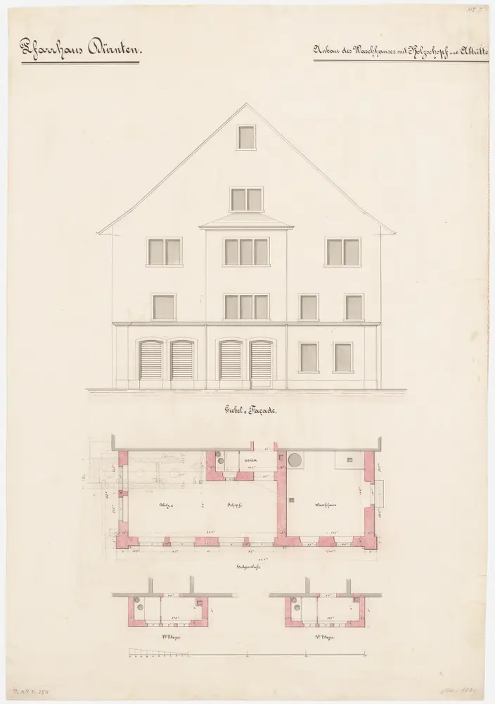 Dürnten: Pfarrhaus mit Holzschuppen, Waschhaus und Abtritten; Ansicht und Grundrisse des Waschhauses, des Holzschuppens sowie der Abtritte (Nr. 7)