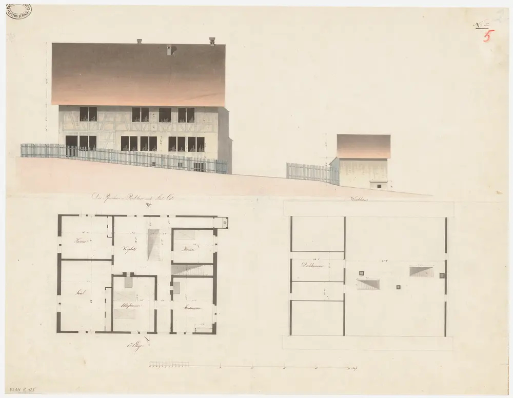 Bubikon: Pfarr- und Waschhaus; Südostansicht, Grundrisse des 1. Stocks und des Dachgeschosses (Nr. 5)