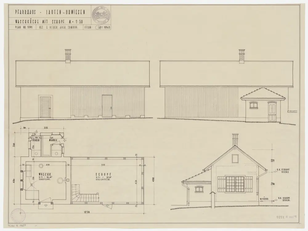 Laufen-Uhwiesen: Waschhaus des Pfarrhauses Laufen mit Schuppen; Grundriss und Ansichten