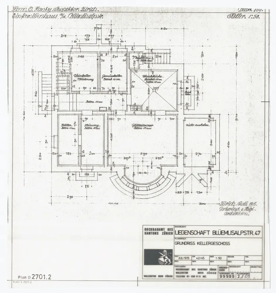 Einfamilienhaus Blümlisalpstrasse 47: Ansichten, Grundrisse und Querschnitt: Keller; Grundriss