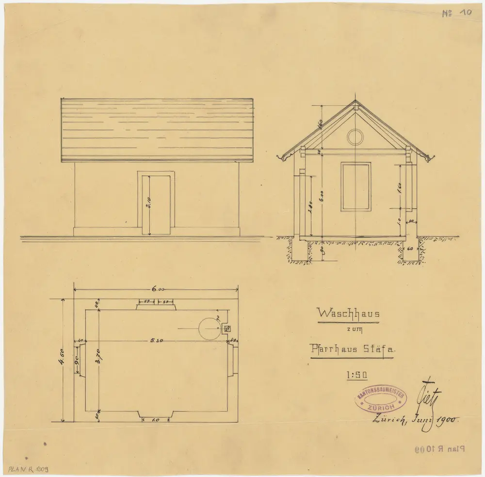 Stäfa: Waschhaus; Grundriss, Ansicht und Querschnitt (Nr. 10)