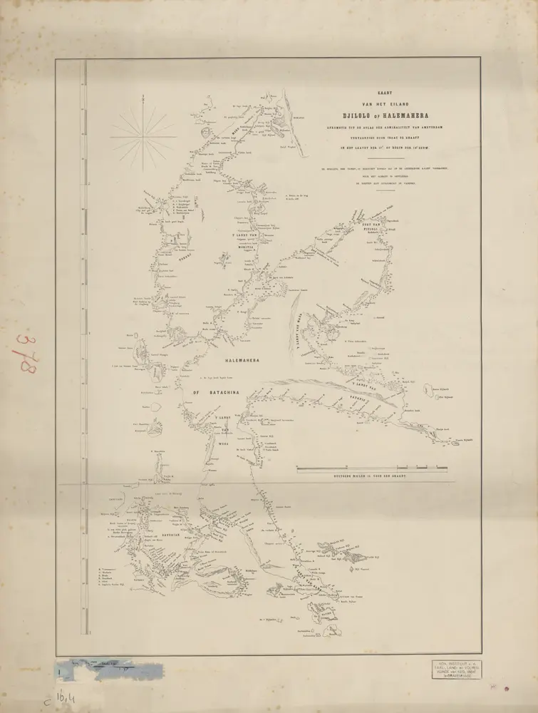 Kaart van het Eiland Djilolo of Halemahera : afkomstig uit de Atlas der Admiraliteit van Amsterdam vervaardigd door Isaac de Graaff in het laatst der 17e of begin der 18e eeuw