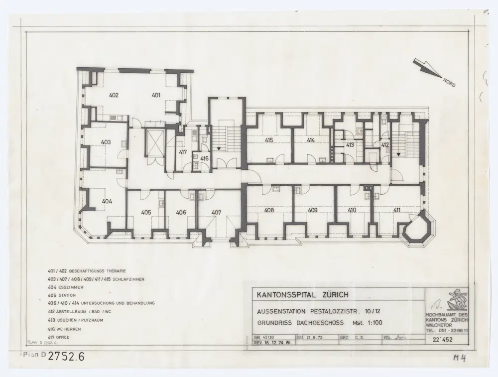 Liegenschaft Pestalozzistrasse 10 und 12, Aussenstation des Kantonsspitals: Grundrisse: Dachgeschoss; Grundriss