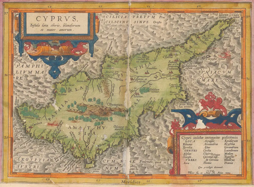 Insular. Aliquot Aegaei Maris Antiqua Descrip.[:] Cyprus, Insula laeta choris, blandorum et mater amorum. [Karte], in: Theatrum orbis terrarum, S. 419.