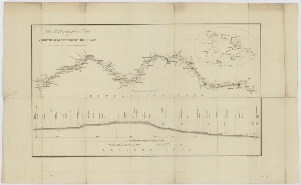 Plan und Laengenprofil des Kanals zur Verbindung des Rheins mit der Donau