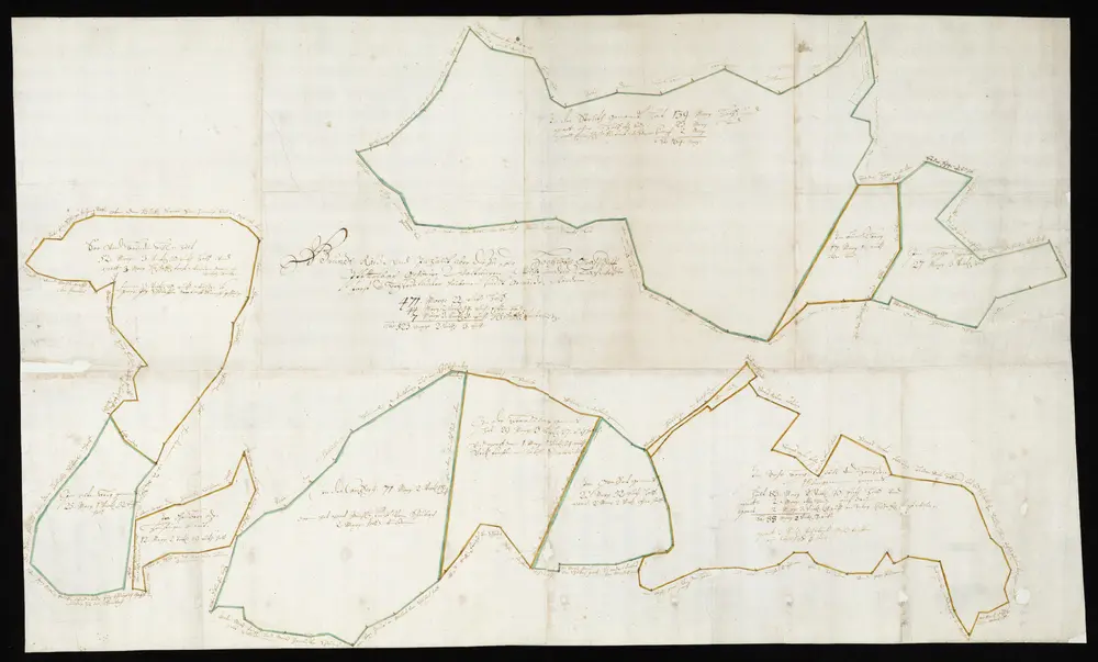 HZAN GA 100_Nr. 225_ : Lachweiler (Kr. Schwäbisch Hall); "Grundriß und Inhalt über die zur Grafschaft Pfedelbach gehörigen Waldungen";ohne Verfasser;ohne Maßstab;113 x 69 cm;Papier; Federzeichnung; Grundstücksgrenzen in Wasserfarben; Grundstücke mit Meßgehalt und Anlieger.