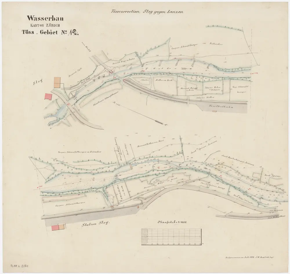 Fischenthal: Von Steg bis zur Station in Steg, Tösskorrektion; Situationsplan (Töss-Gebiet Nr. 12)