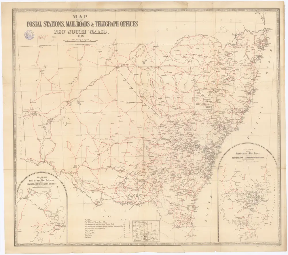 Map shewing the postal stations, mail roads & telegraph offices in New South Wales, 1898