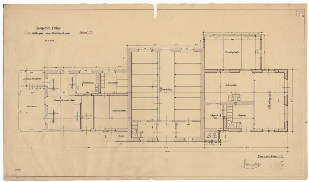 Tierspital Selnaustrasse, mittlere Stallungen und Beschlagschmiede: Grundriss