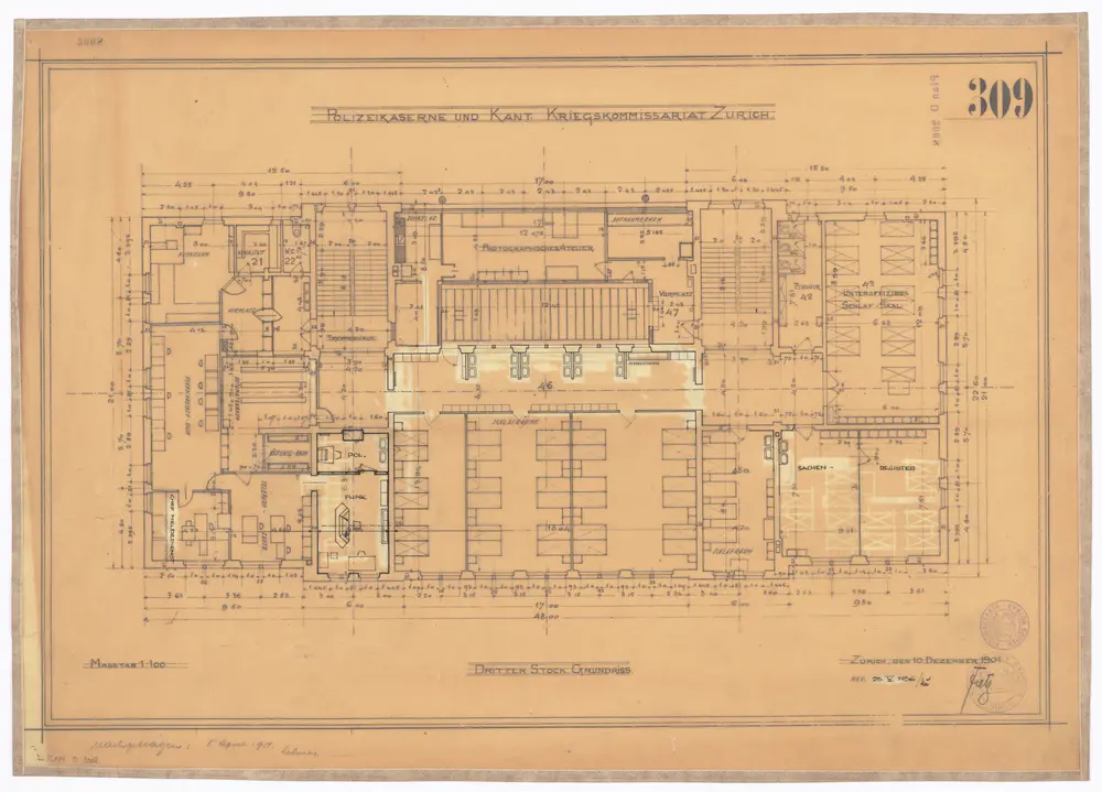 Polizeikaserne und kantonales Kriegskommissariat: 3. Stock; Grundriss