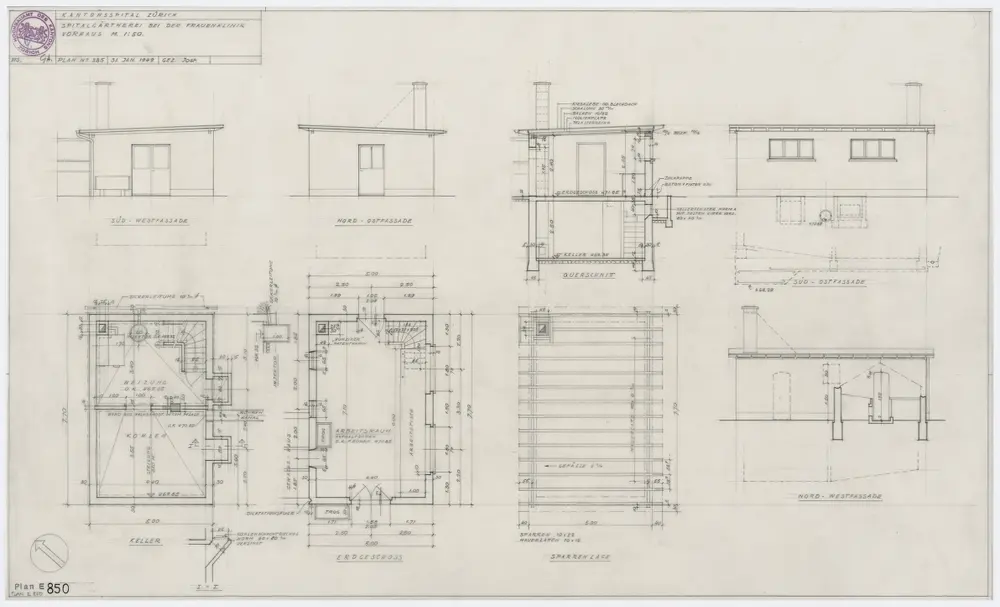 Zürich: Kantonsspital, Frauenklinik, Spitalgärtnerei, Vorhaus; Ansichten, Grundrisse und Querschnitt
