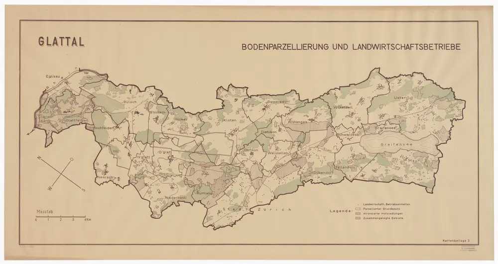 Fällanden bis Glattfelden: Melioration des ganzen Glatttals, Bodenparzellierung und Landwirtschaftsbetriebe, Gelände des projektierten Flughafens; Übersichtsplan