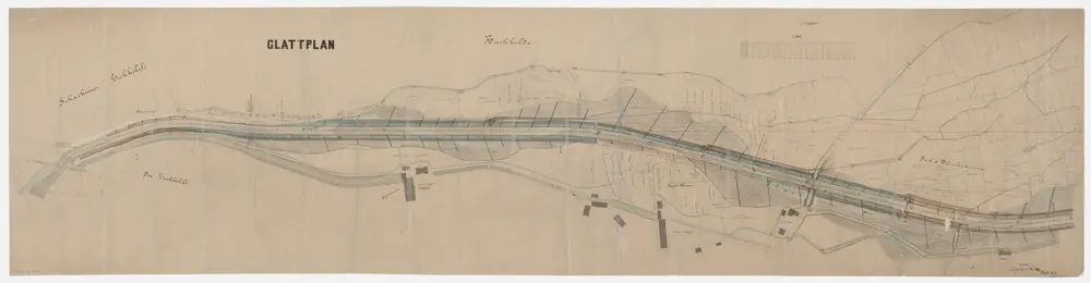Glattfelden: Wehr der Spinnerei bis unterhalb Glattfelden, Glattkorrektion mit Verlandungswehren, Begradigungsvariante; Situationsplan