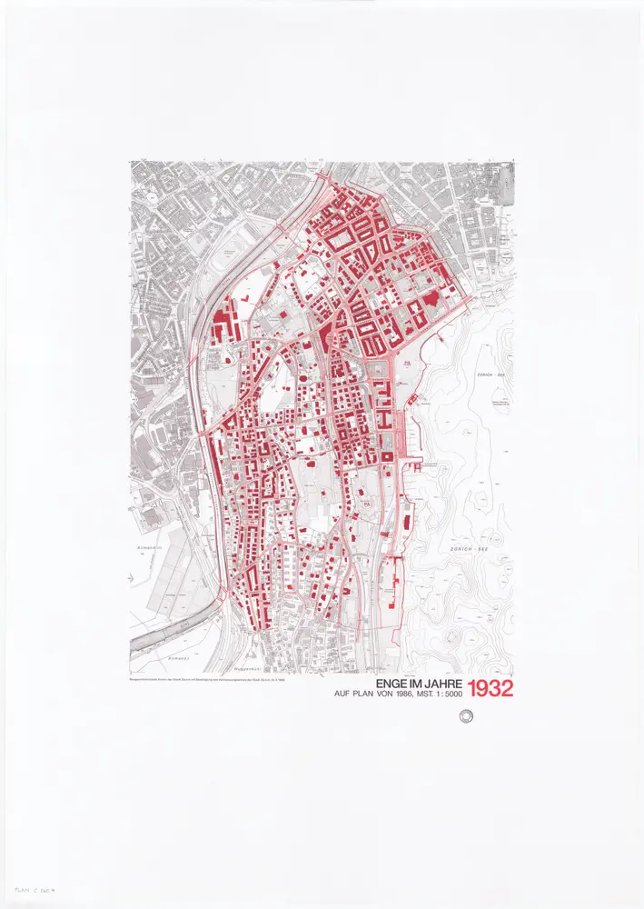Historische Bauzustände der Zürcher Aussenquartiere in 48 Blättern: Enge im Jahre 1932 auf einem Plan von 1986; Übersichtsplan