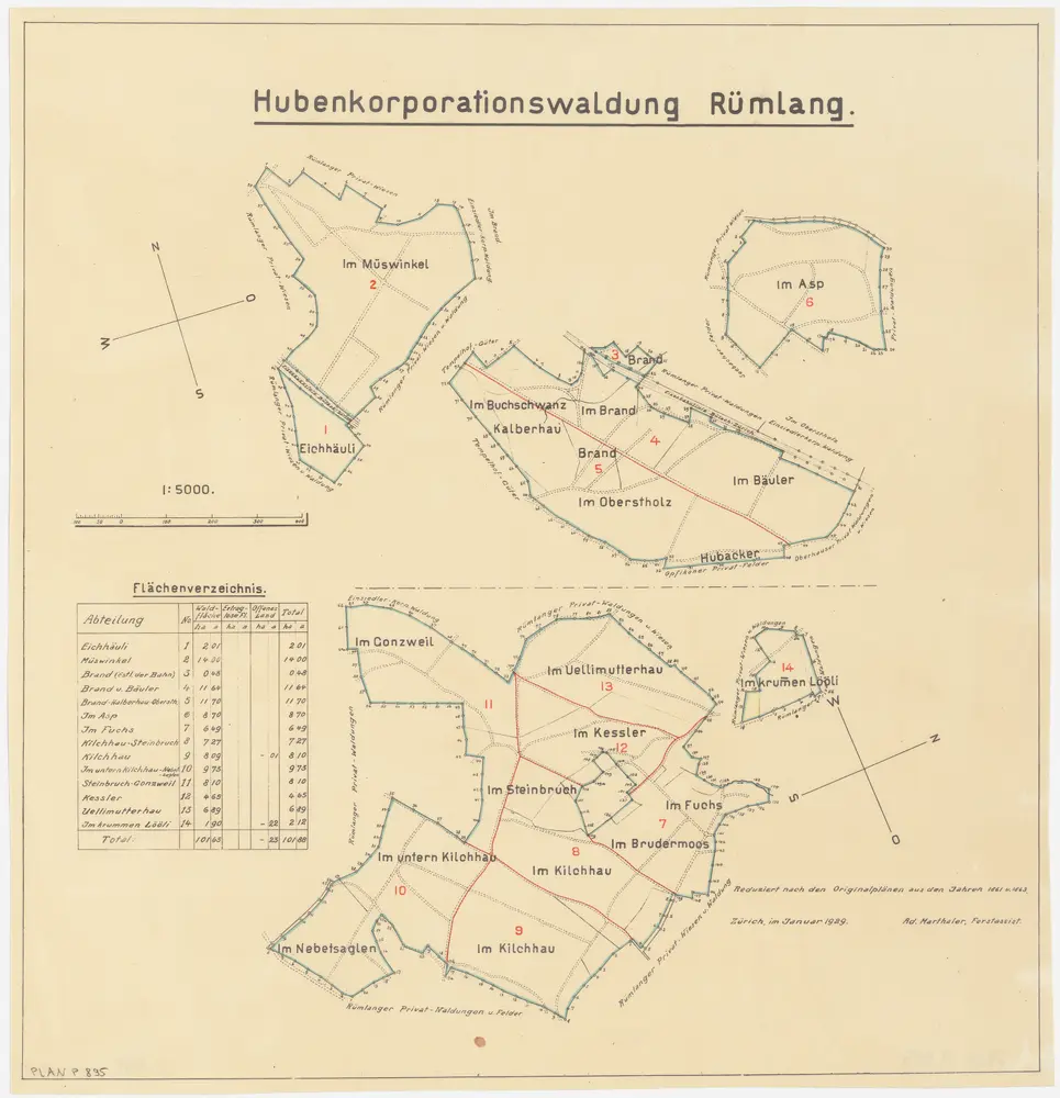 Rümlang: Hubengenossenschaftswaldungen Müswinkel, Eichhäuli, Asp, Buchschwanz, Brand, Chalberhau (Kalberhau), Oberstholz, Bäuler, Huebacher (Hubacker), Gunzwil (Gonzweil), Uelimueterhau (Uellimutterhau), Chessler (Kessler), Steibruch (Steinbruch), Fuchs, Chilehau (Kilchhau), Bruedermoos (Brudermoos)