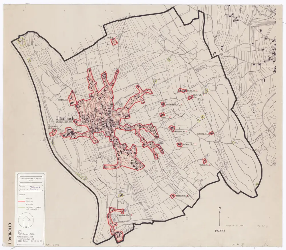 Ottenbach: Definition der Siedlungen für die eidgenössische Volkszählung am 01.12.1970; Siedlungskarte