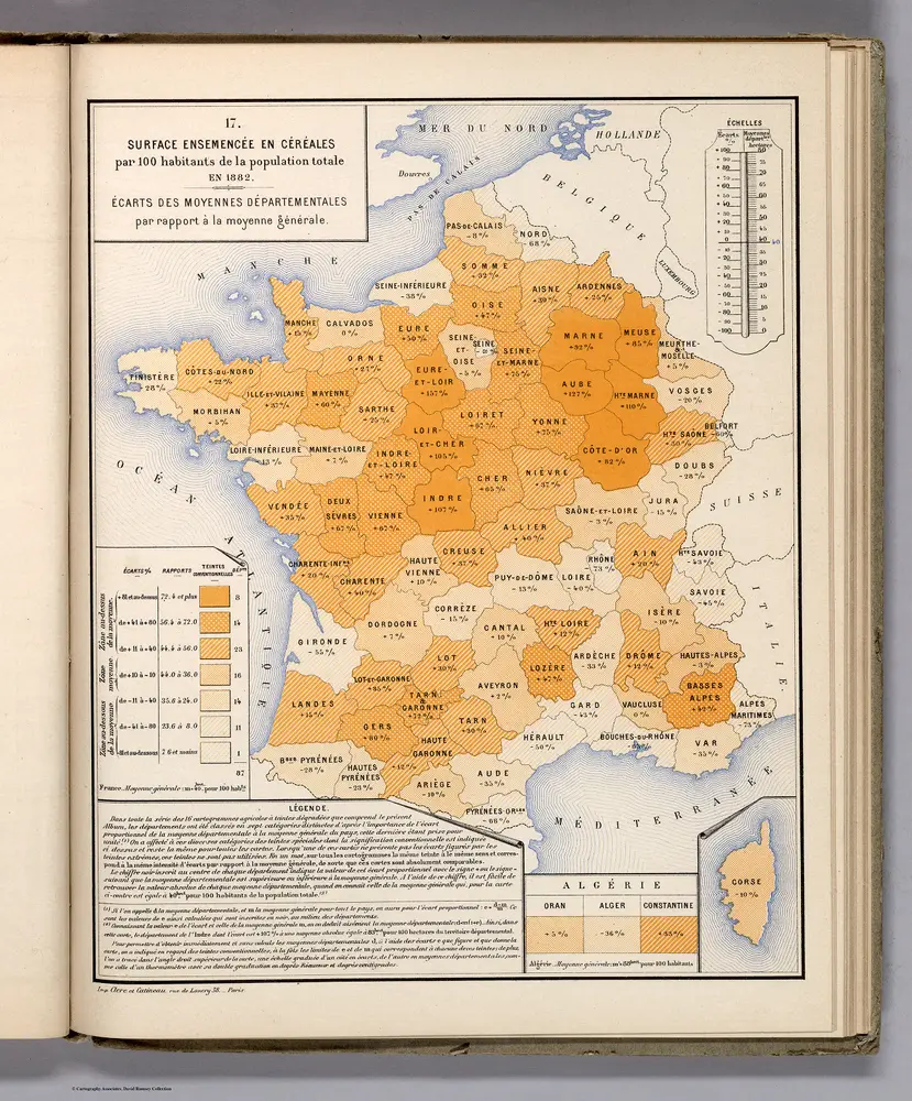 Surface Ensemencee en Cereales par 100 habitants de la population totale en 1882.