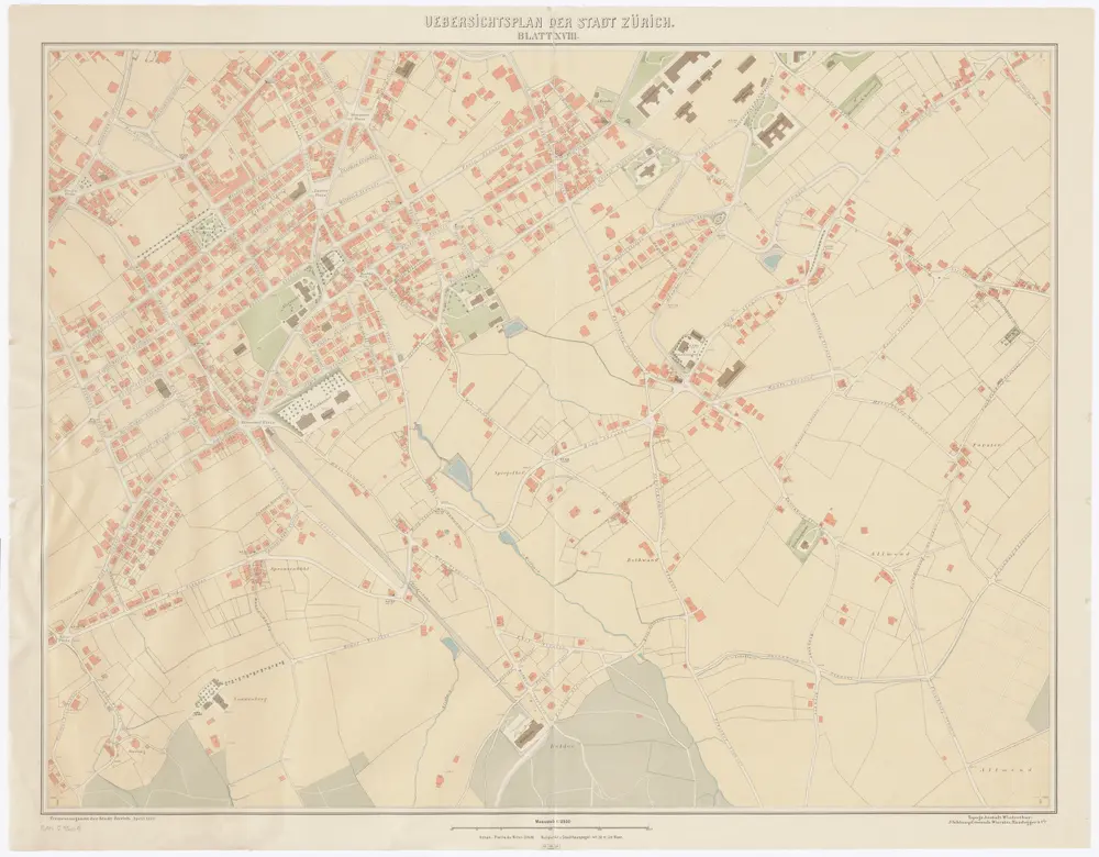 Übersichtsplan der Stadt Zürich und der umliegenden Gemeinden in 23 Blättern: Blatt XVIII: Teile von Hirslanden, Hottingen und Fluntern